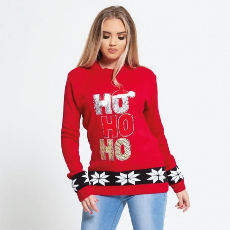 Ho-Ho-Ho-Pailletten-Kersttrui-Rood.jpg - christmas-shop.nl Ho Ho Ho Pailletten Kersttrui (Rood)