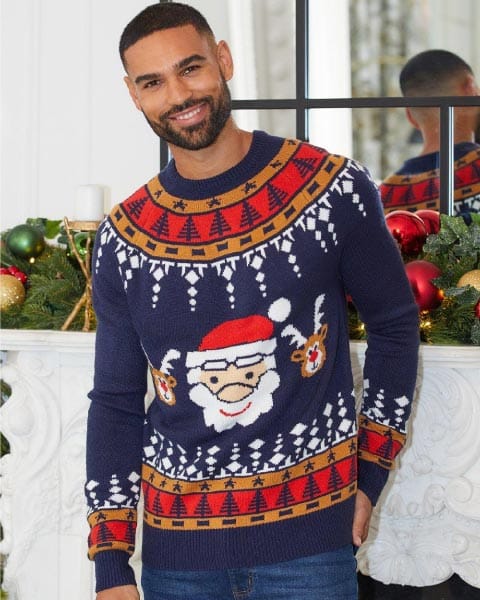 Rudolf-Santa-Kersttrui-Blauw.jpg - christmas-shop.nl Rudolf & Santa Kersttrui Blauw + Gratis Kerstmuts