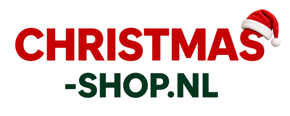 Festive banner with bold red 'CHRISTMAS' text and a Santa hat on the top-right, promoting CHRISTMAS-SHOP.NL.",