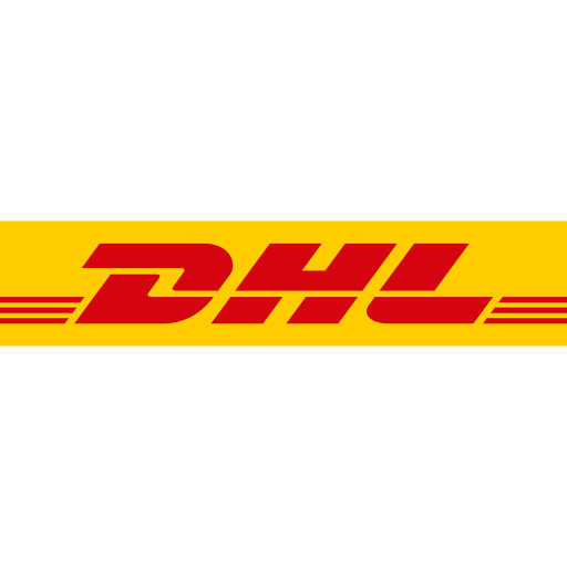 DHL logo in red lettering on a yellow bar with red speed-line decorations, across a black background.
